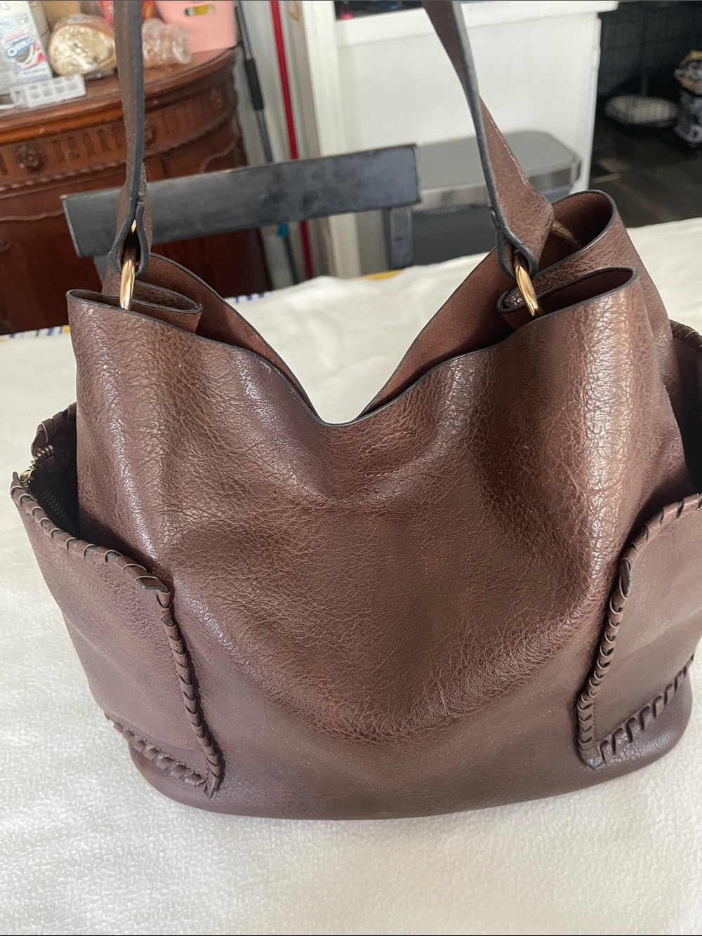 Classic Brown Shoulder Tote Bag with Whipstitch Accents